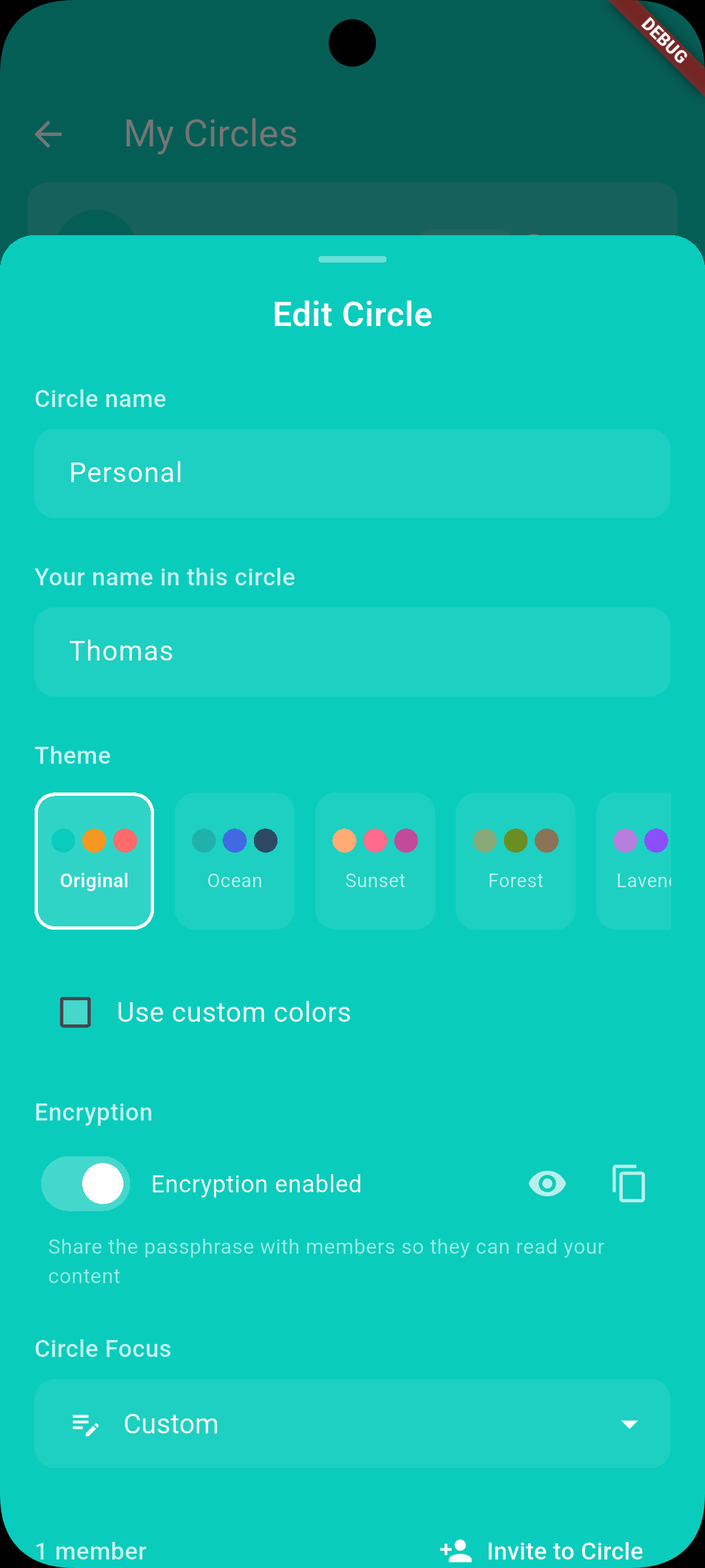 Circle settings showing encryption toggle with eye and copy buttons