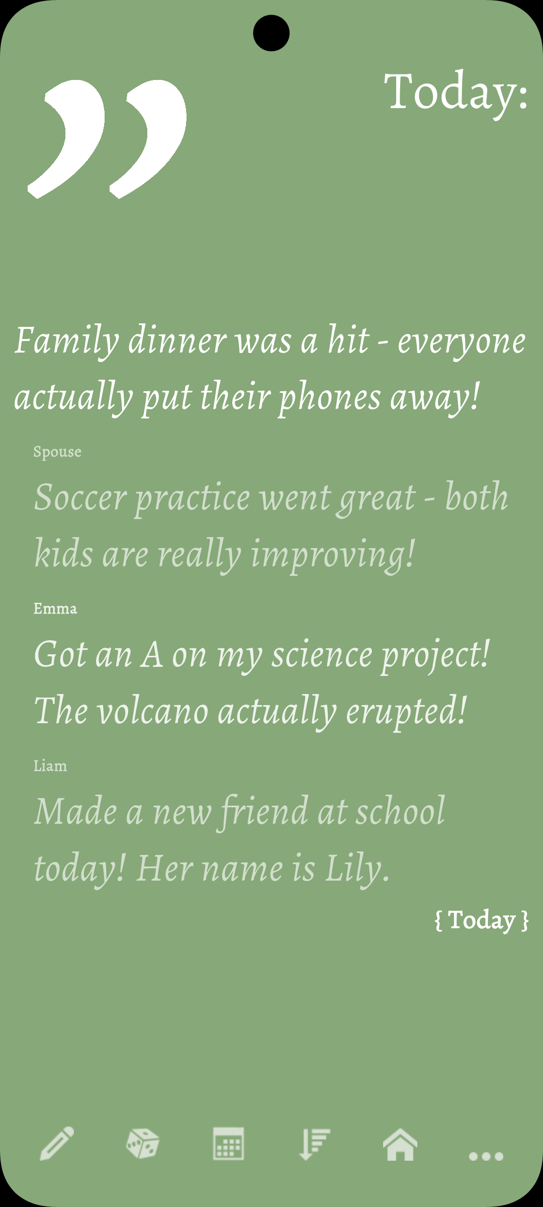 Family circle showing entries from all family members