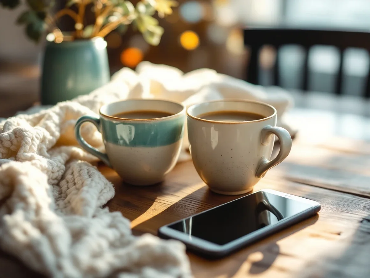 Two coffee cups on a table next to a phone showing a couples app