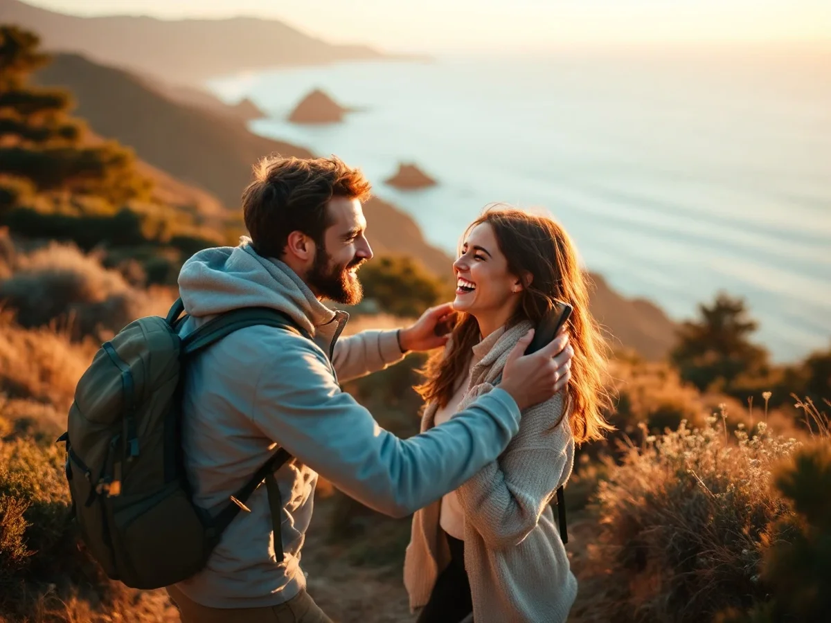 Couple on a hike, one taking a photo of the other on a phone