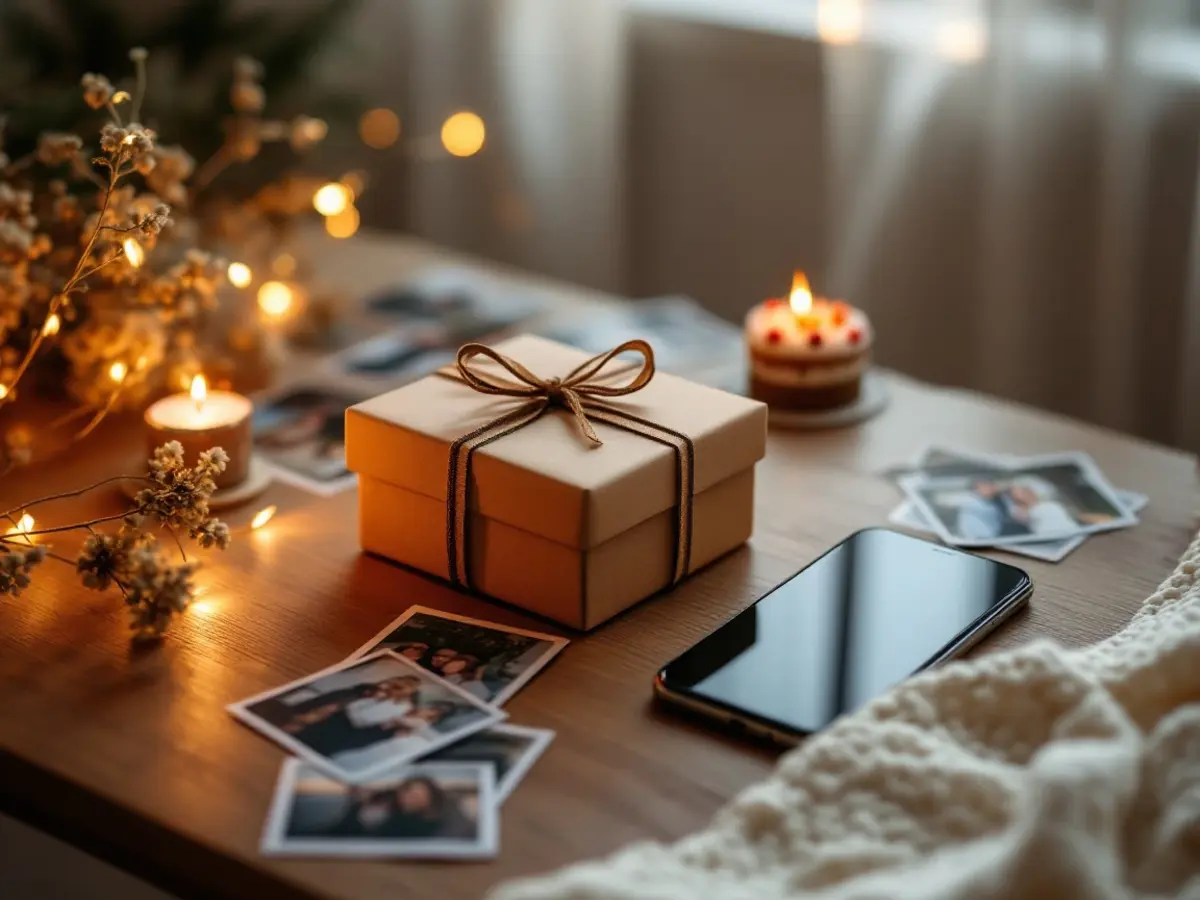 A wrapped gift box surrounded by printed photos of shared memories, a small birthday cake with a candle, and a phone on a wooden table