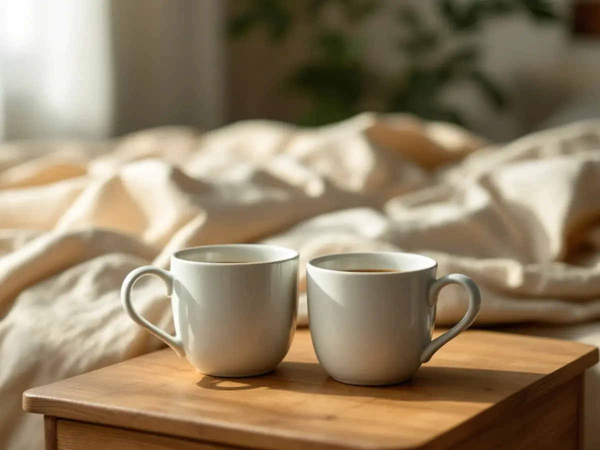 Two mugs of tea on a bedside table in soft morning light, rumpled linen sheets in the background