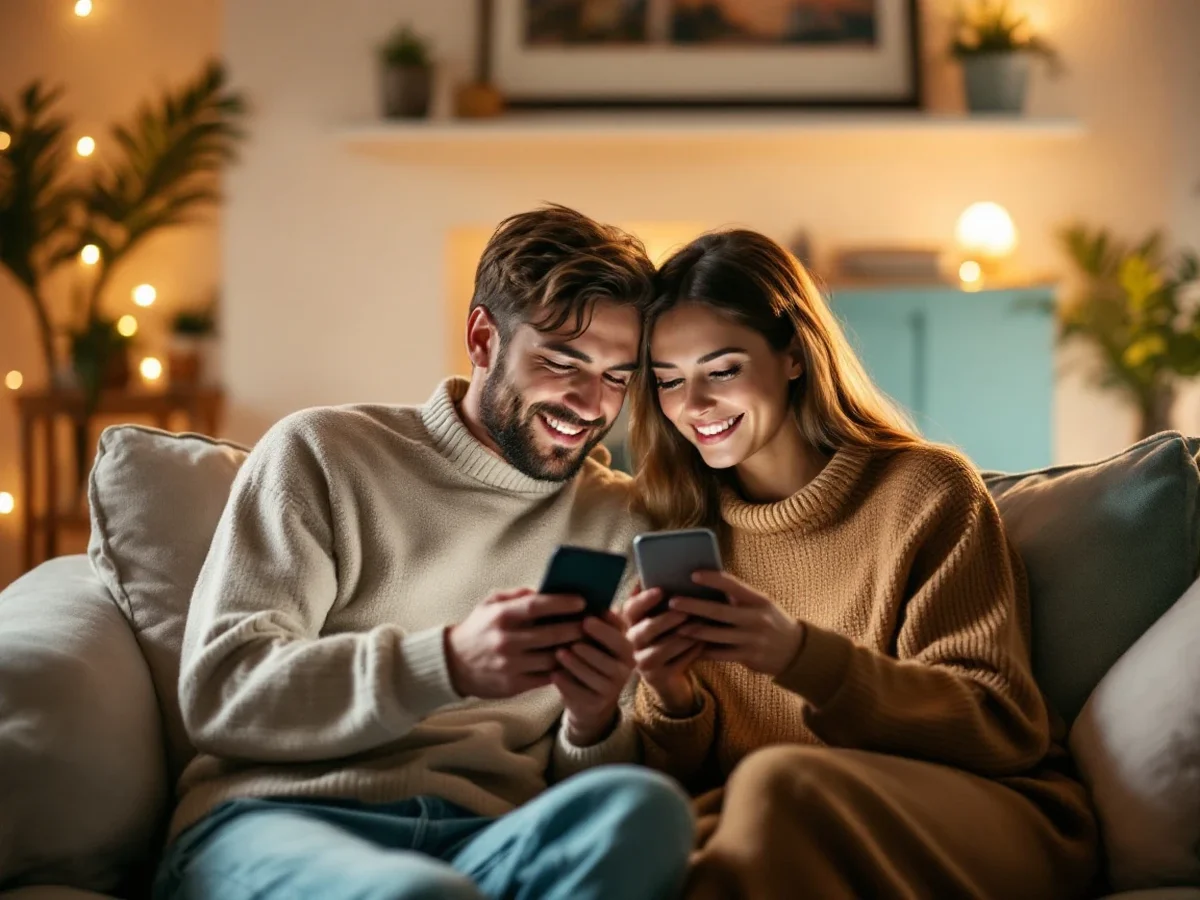 Couple assis ensemble, chacun avec un téléphone affichant une discussion privée
